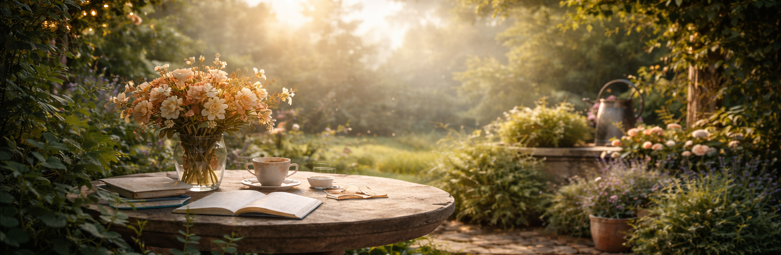 Quiet garden scene at dawn with a table set with flowers, journals and a tea cup