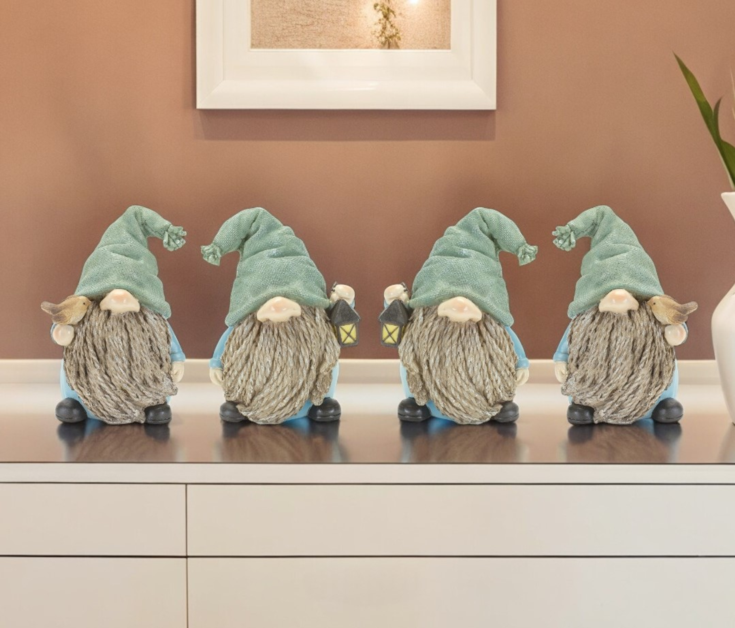 Set of Four Blue and Green Polyresin Garden Gnome Tabletop Sculptures