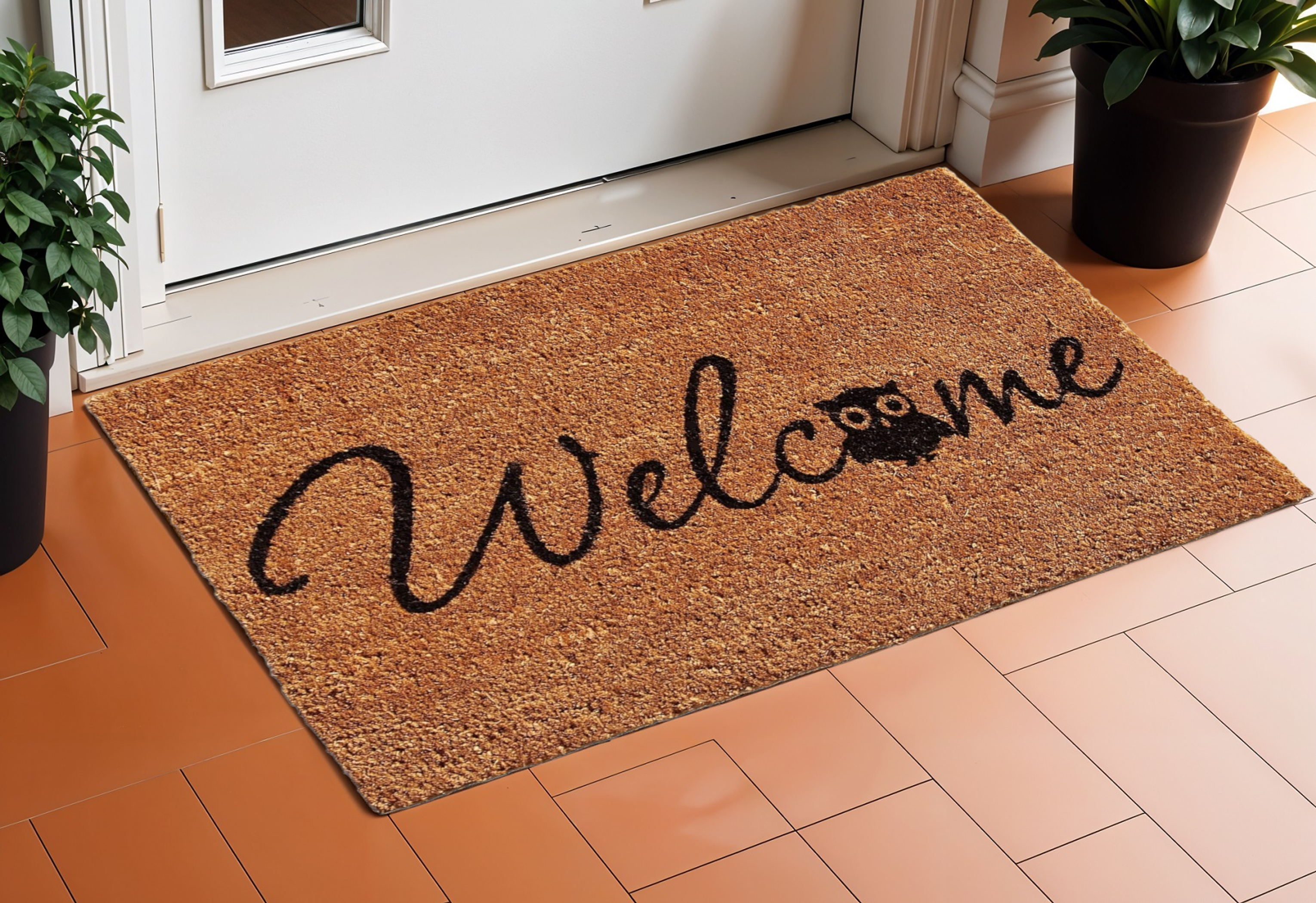 17" X 29" Black And Natural Owl Welcome Outdoor Coir Door Mat