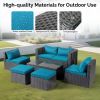 2pcs armless sofa + 2pcs footstool + 1pcs double sofa + 1pcs coffee table with storage black rattan and peacock green cushions, rattan multi-piece set