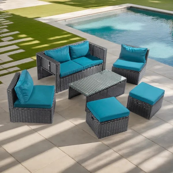 2pcs armless sofa + 2pcs footstool + 1pcs double sofa + 1pcs coffee table with storage black rattan and peacock green cushions, rattan multi-piece set