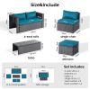 2pcs armless sofa + 2pcs footstool + 1pcs double sofa + 1pcs coffee table with storage black rattan and peacock green cushions, rattan multi-piece set