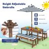 Kids Outdoor Wooden Picnic Table Bench Chairs Cushions Umbrella Set Navy/White