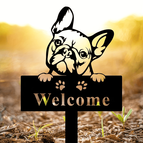 CIFbuy Vintage French Bulldog Welcome Sign Outdoor Garden Patio Decor Lawn Ornament Plant Statue (TikTok, temu pick-up service)
