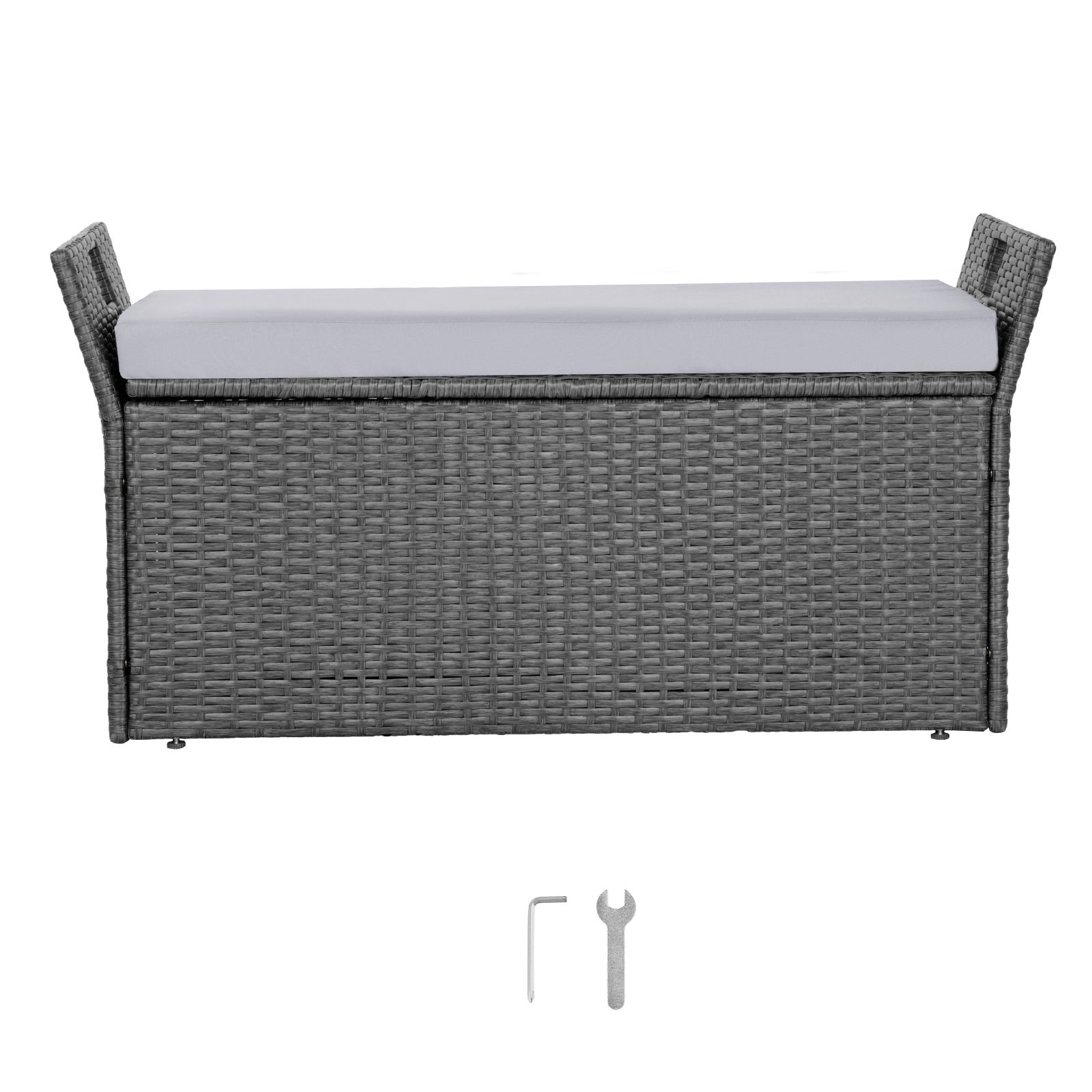 Outdoor Storage Bench, 2-Person PE Rattan Storage Bench, 40 Gal Deck Box with Cushion & Side Handle, Supports up to 400 lbs, Weatherproof Outdoor Seat