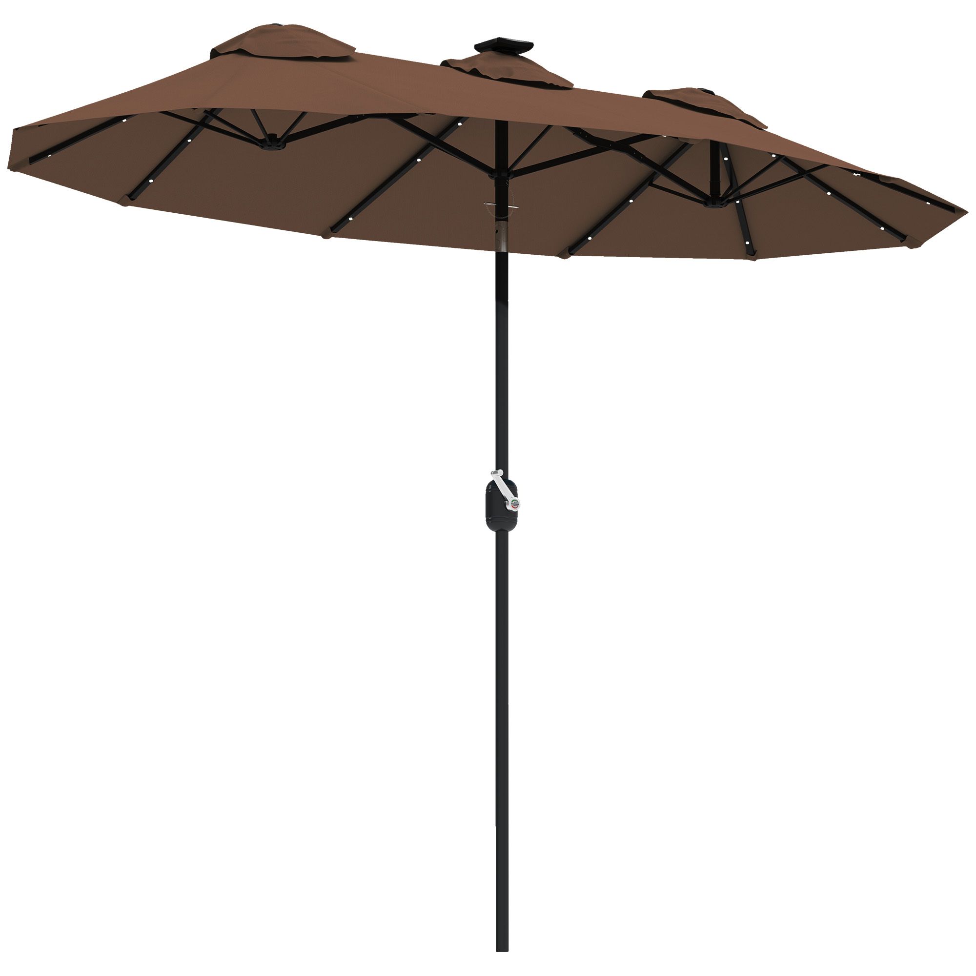 Double-sided Patio Umbrella, 9.7 ft. Outdoor Umbrella with 45-Degree Tilt and Crank, LED Solar Light and 12 Ribs, Coffee