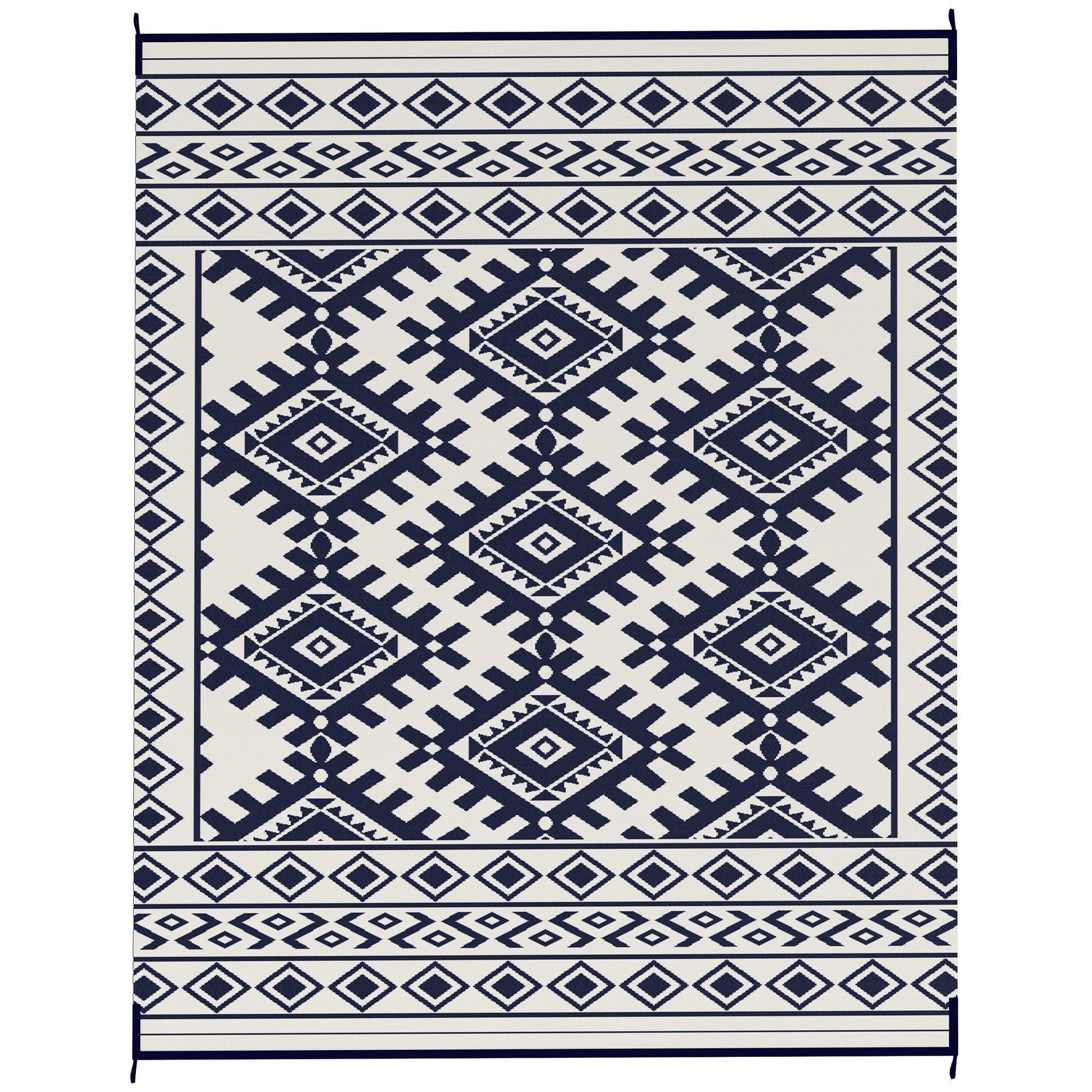 Reversible Outdoor Rug, Waterproof Plastic Straw with Carry Bag, 8' x 10', Blue & White Rhombus Border