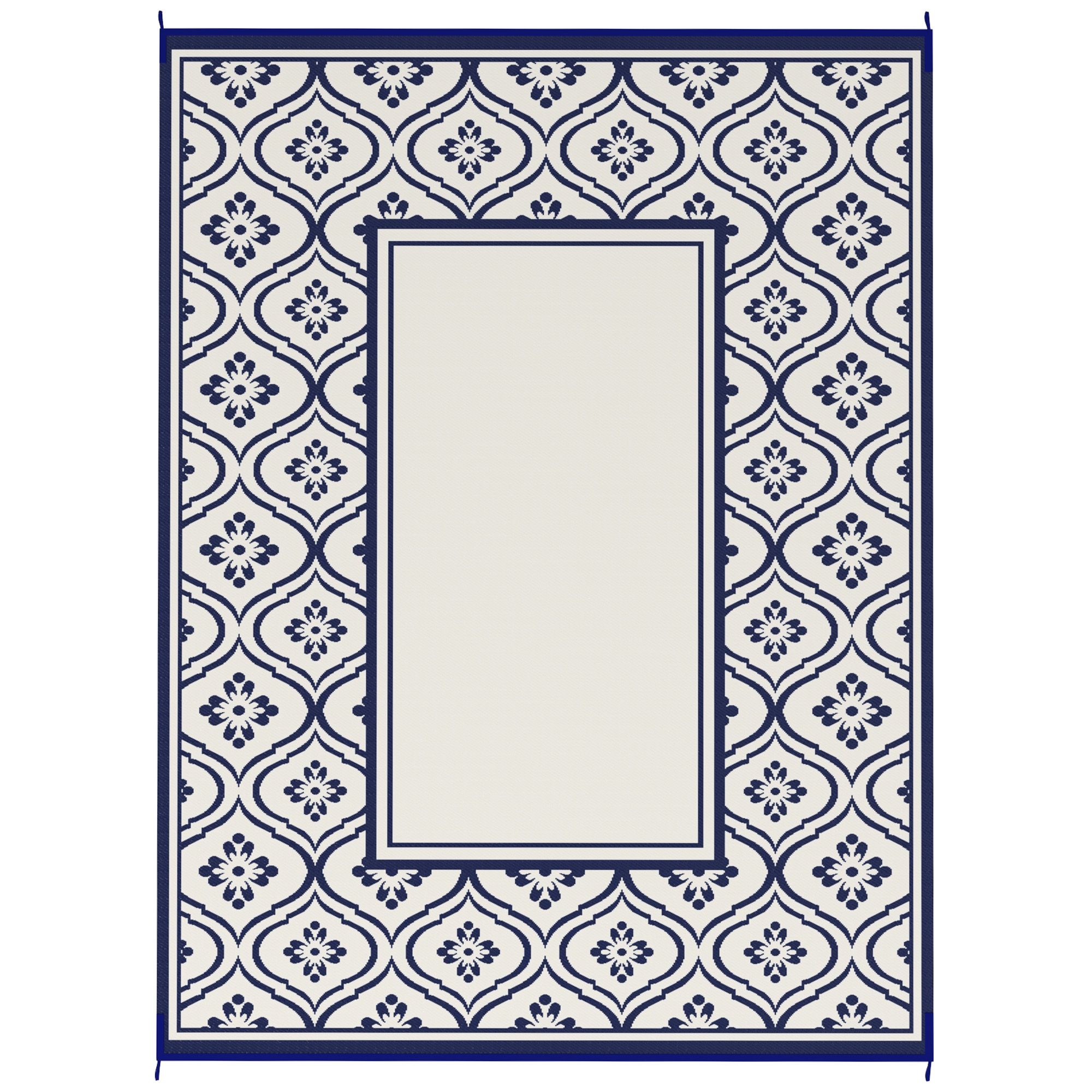 Reversible Outdoor Rug, Waterproof Plastic Straw with Carry Bag, 9' x 12', Blue & White Gourd Border