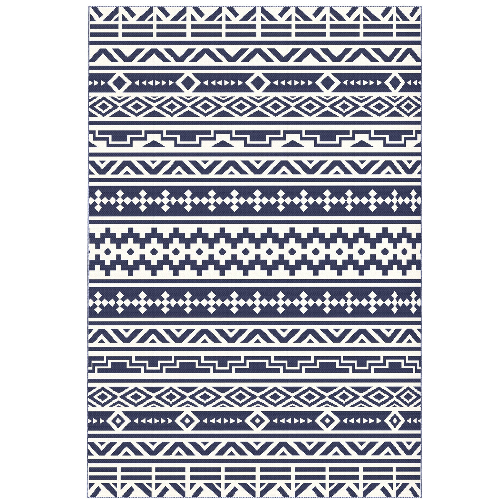 Reversible Outdoor Rug, Waterproof Plastic Straw with Carry Bag, 6' x 9', Blue & White Geometric
