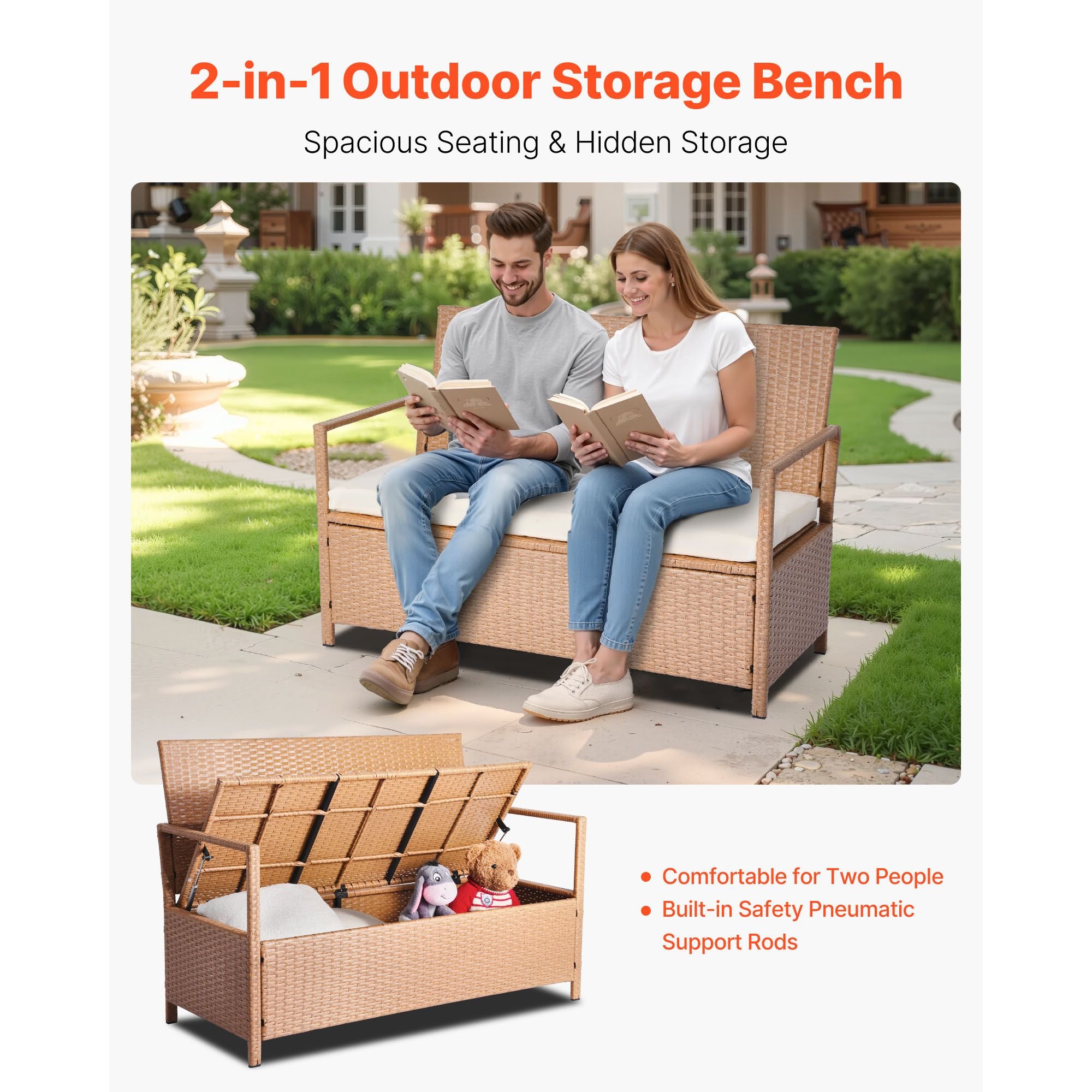 Outdoor Storage Bench, 2-Person PE Rattan Storage Bench, 70 Gal Deck Box with Cushion, Supports up to 265 lbs, Weatherproof Outdoor Seating & Porch De