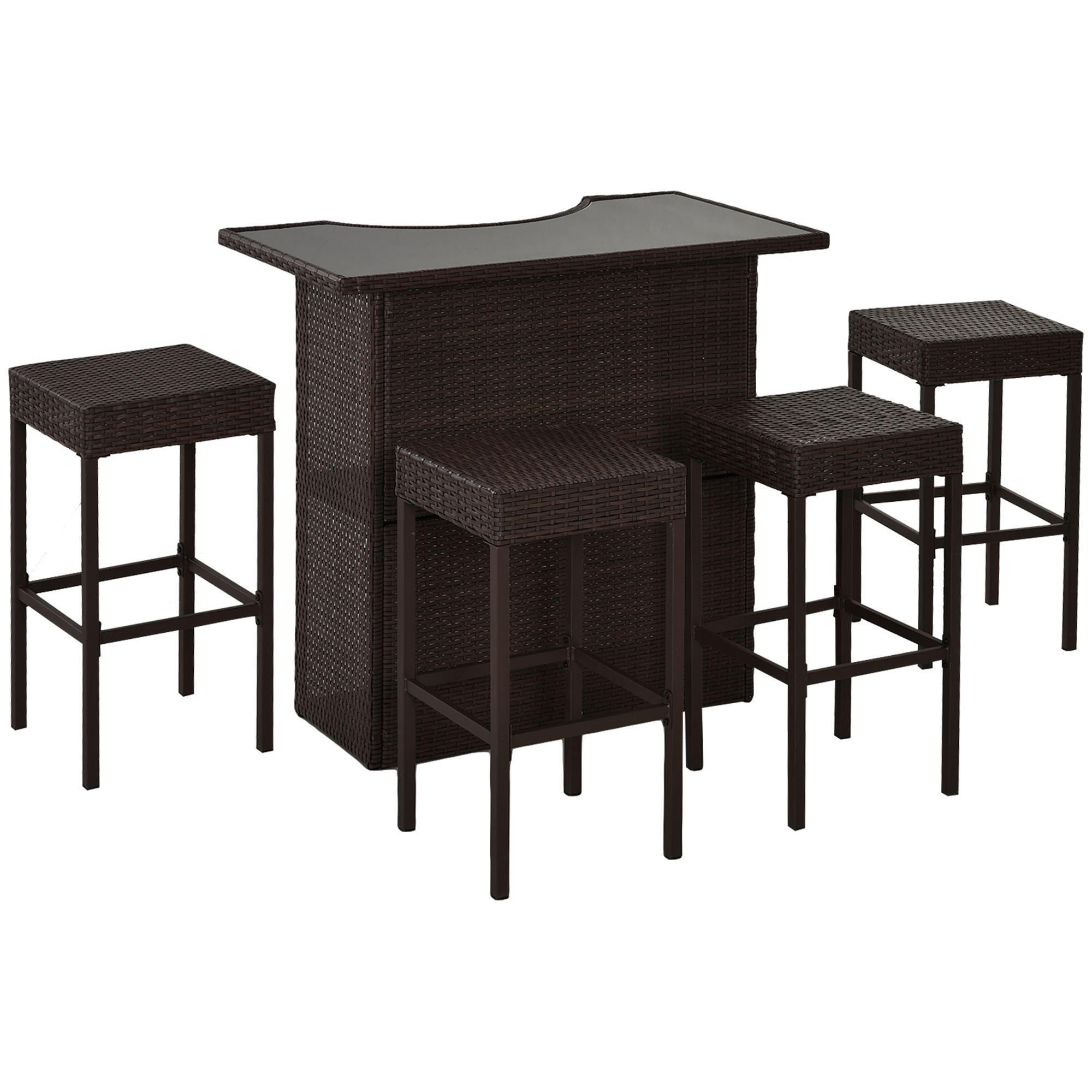 5-Piece Rattan Wicker Bar Set with Glass Top Table, 2 Tier Storage Shelf, and 4 Bar Stools for Outdoor, Patio, Garden, Brown