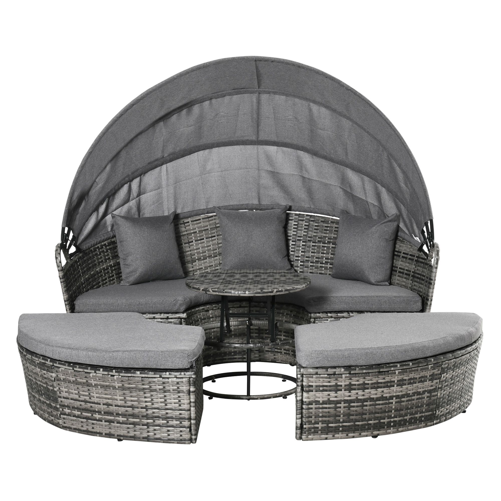 4 Pieces Patio PE Wicker Lounge Set, Rattan Garden Conversation Furniture Set, Round Sofa Bed with Canopy, Cushioned, Coffee Table, Grey