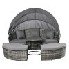 4 Pieces Patio PE Wicker Lounge Set, Rattan Garden Conversation Furniture Set, Round Sofa Bed with Canopy, Cushioned, Coffee Table, Grey