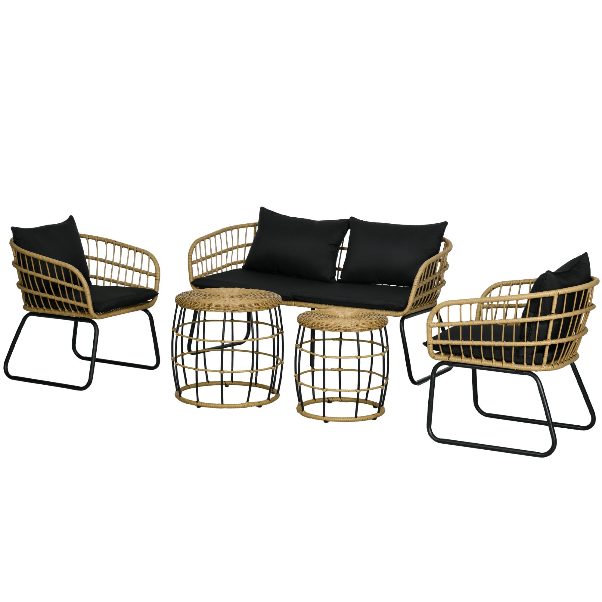 5-Piece Rattan Patio Furniture Set, Includes Cushioned Loveseat, Chairs, and Stackable Tables, Black