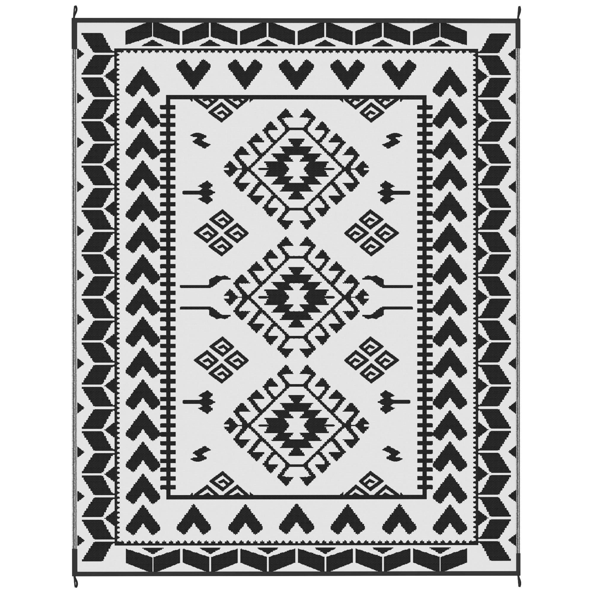 Reversible Outdoor Rug, Waterproof Plastic Straw with Carry Bag, 8' x 10', Black & White Rhombus Patchwork