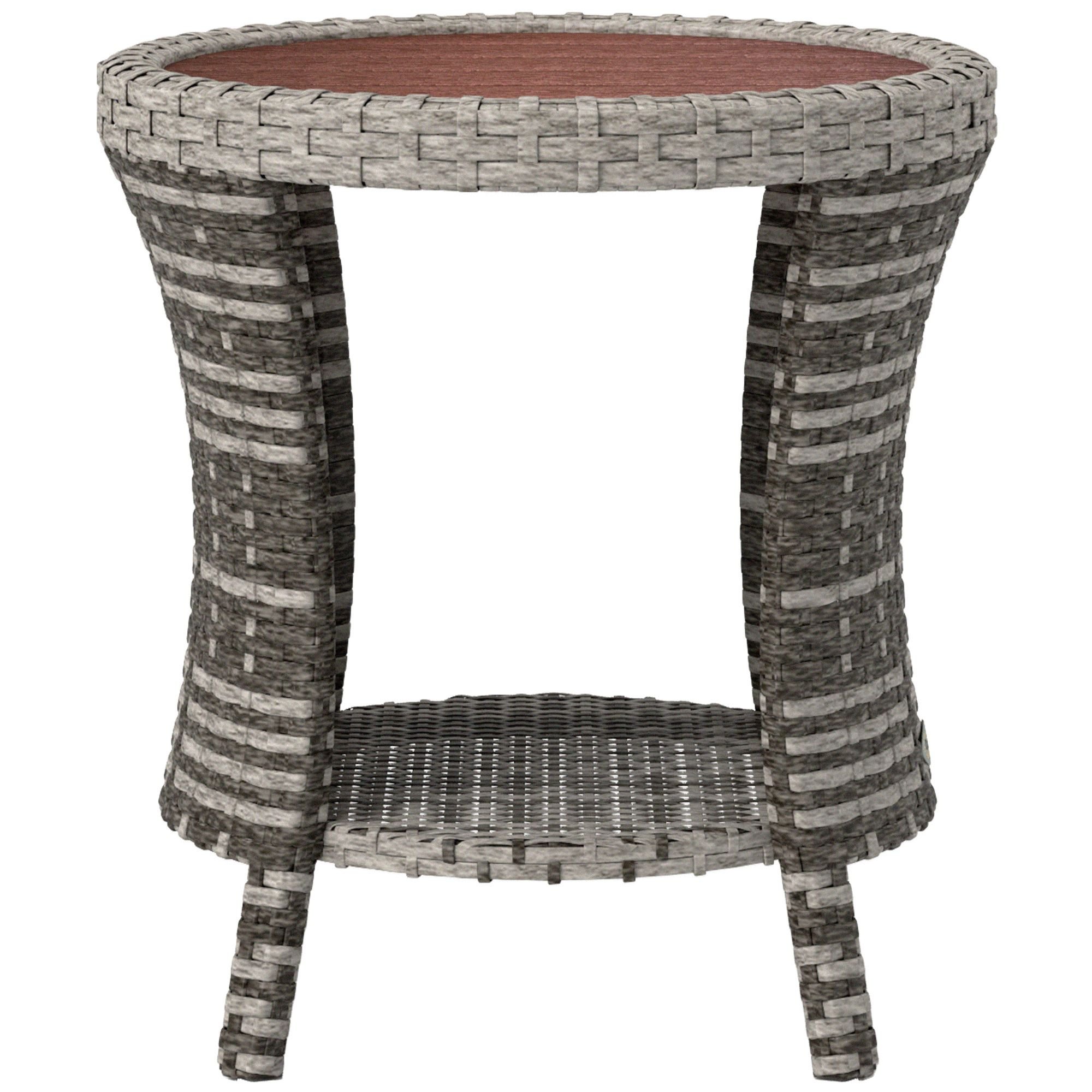 Outsunny 18" Wicker Outdoor Coffee Table, PE Rattan Patio Side Table with 2-Tier Storage, Composite Wood Top, Mixed Gray