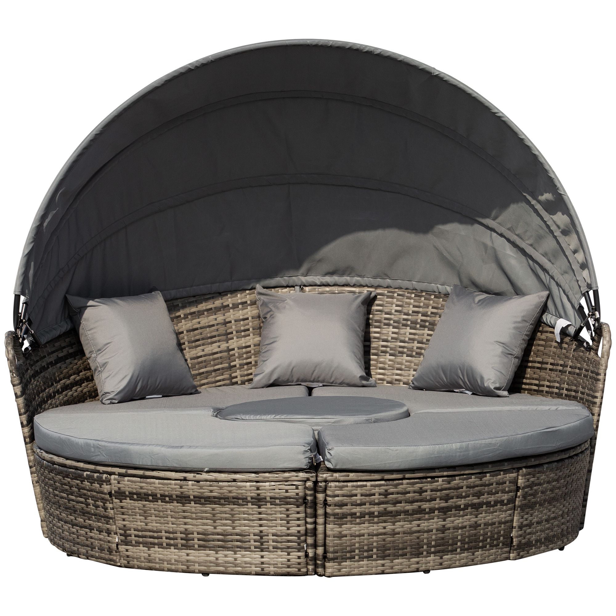 Convertible Oasis: 4PC Rattan Patio Set with Adjustable Canopy Daybed & Sectional Sofa