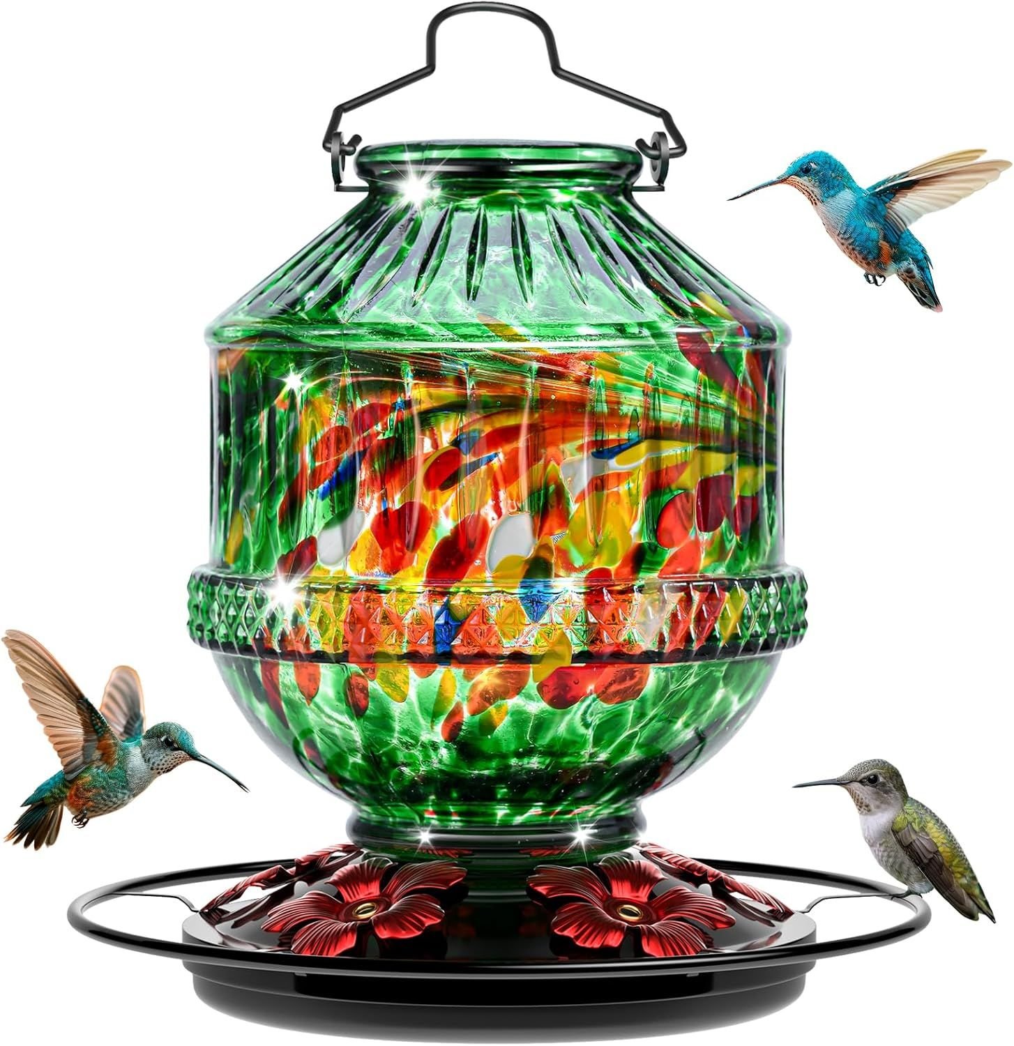 Hand Blown Glass Hummingbird Feeders for Outdoors, 25 Ounces Wild Bird Nectar Feeder with Perch & 5 Flower Feeding Ports Leak Proof Hanging for Garden