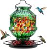 Hand Blown Glass Hummingbird Feeders for Outdoors, 25 Ounces Wild Bird Nectar Feeder with Perch & 5 Flower Feeding Ports Leak Proof Hanging for Garden