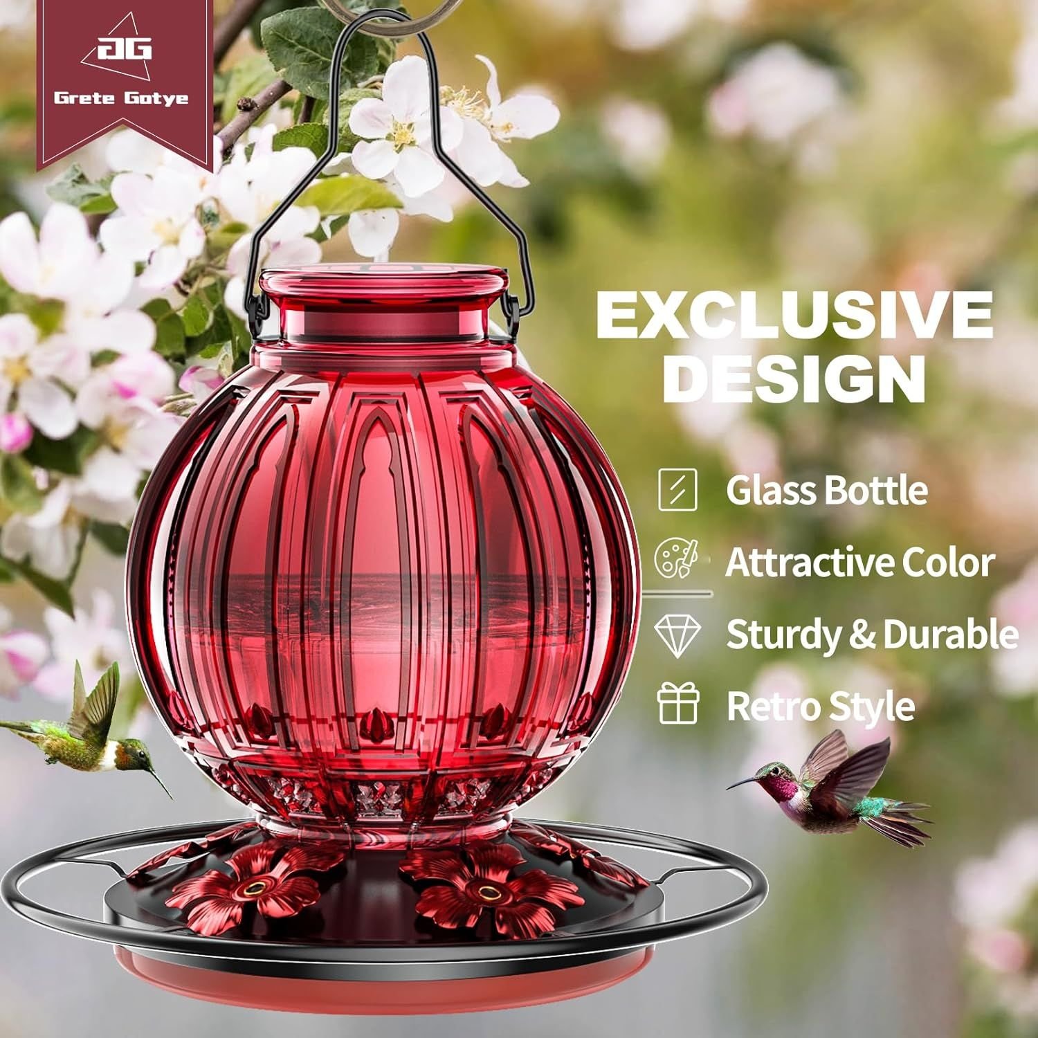 Glass Hummingbird Feeder for Outdoors Hanging, 26Oz Bird Nectar Feeder with Perch & 5 Flower Feeding Ports, Leak Proof for Outside Garden Decor Backya