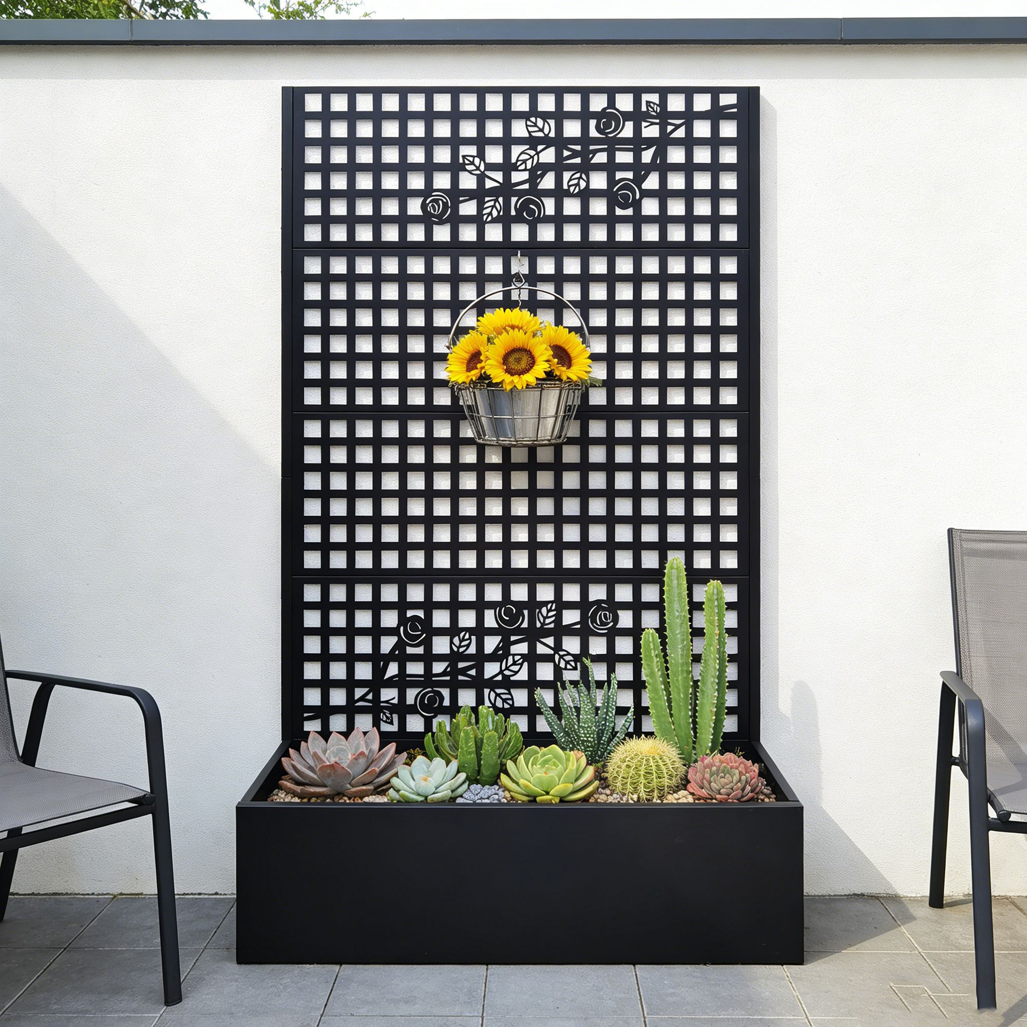 Metal Planter Box with Trellis 70.9in H x 43.3in W x 15.8in D - Outdoor Raised Garden Bed with Privacy Screen Lattice Panels for Patio Decoration for