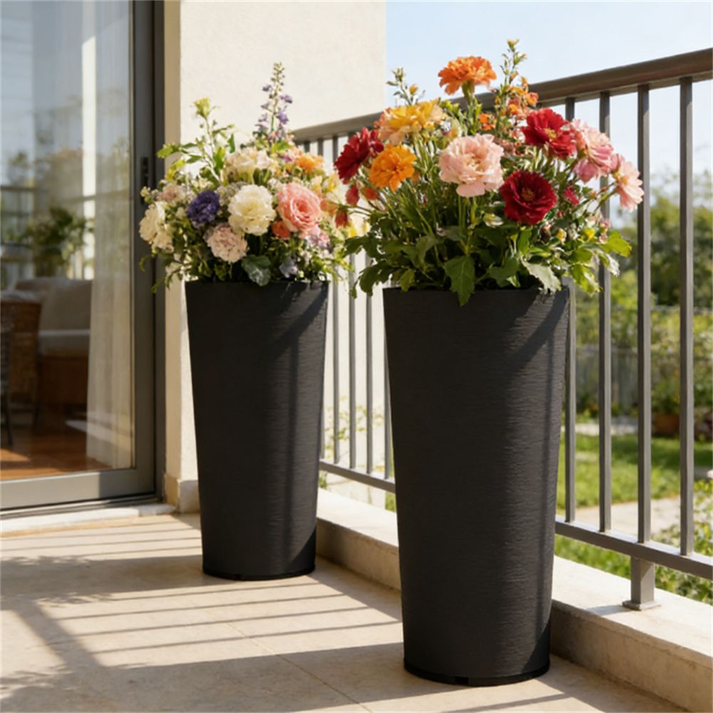 Outdoor flower pot, set of 2 plastic flower pots, black