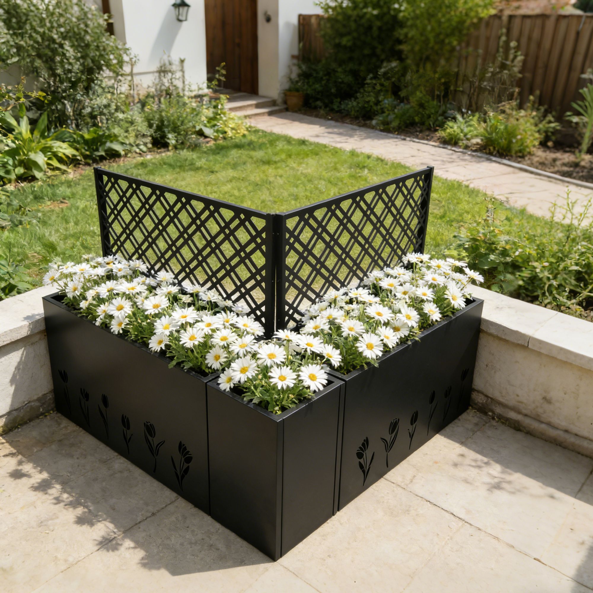 Metal Planter-Trellis Combo (Set of 3) - Raised Garden Bed, Flower Trellis & Privacy Screen for Patio, Balcony, Garden