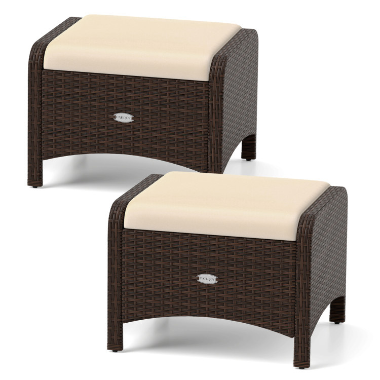 2 Pieces Outdoor Patio PE Wicker Ottomans with Removable Cushions