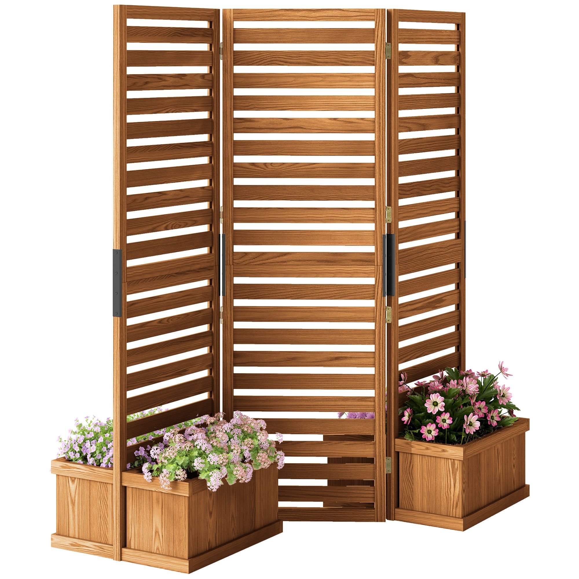 62.5" x 19" x 66" Wood Panel Trellis w/ 4 Planter Box Raised Bed for Garden Natural Wood