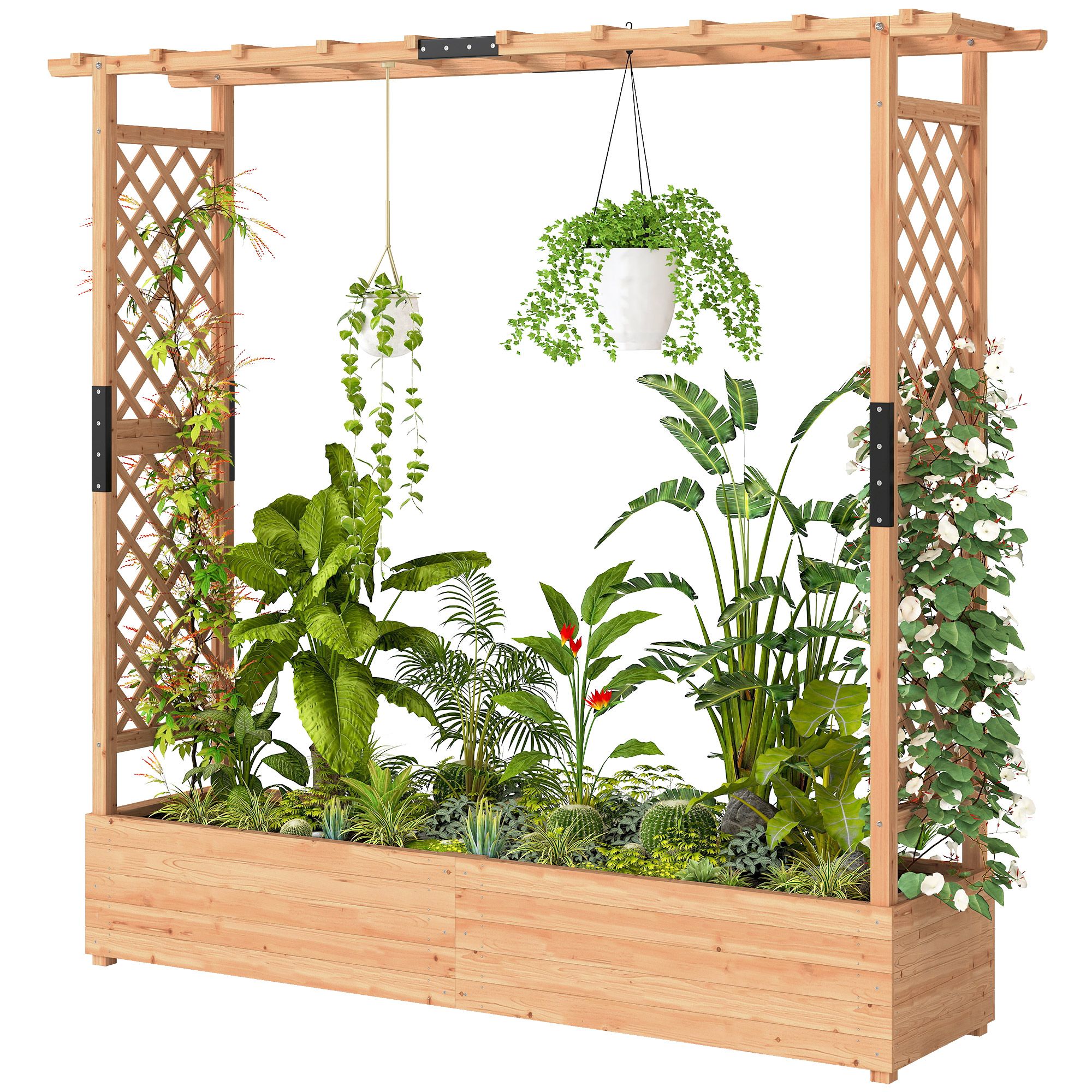 Wooden Planter Box with Trellis, Hanging Roof and Drainage Holes for Climbing Plants, Vegetables, Herbs and Flowers