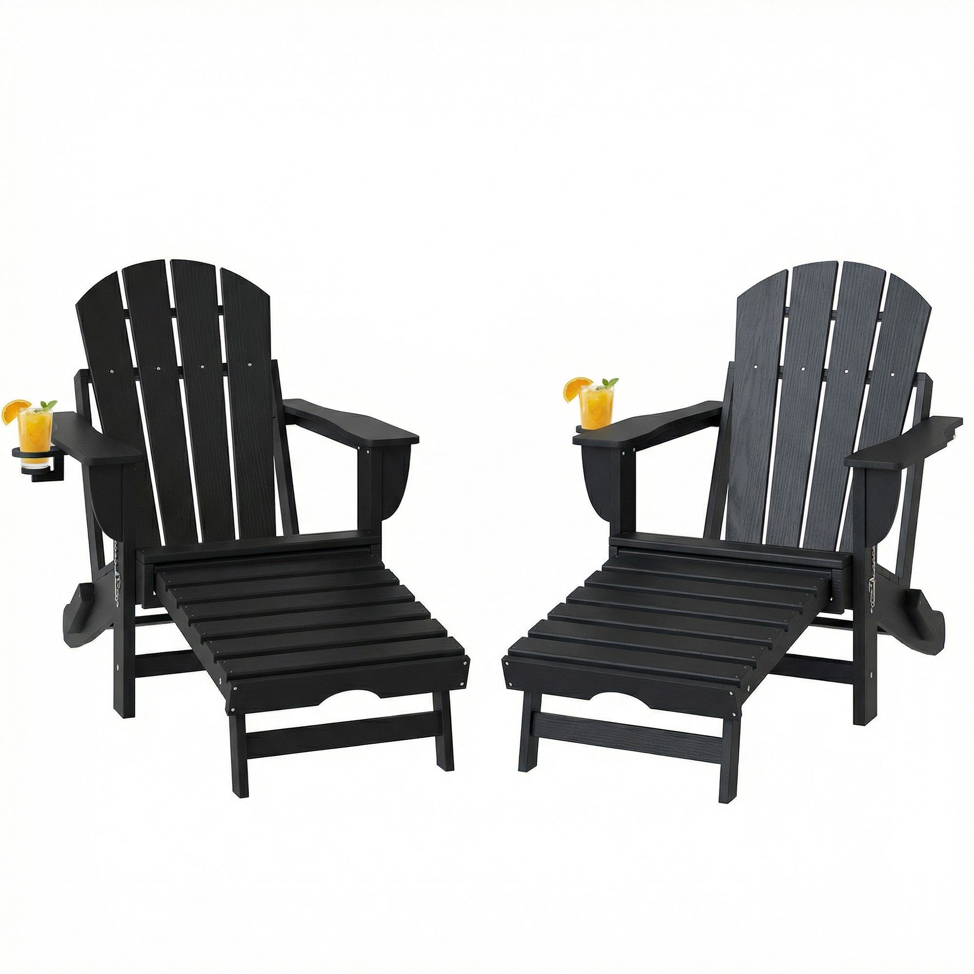 Folding Adirondack Chair Set of 2, HDPE Fire Pit Chair with Retractable Ottoman and Cup Holder, Black