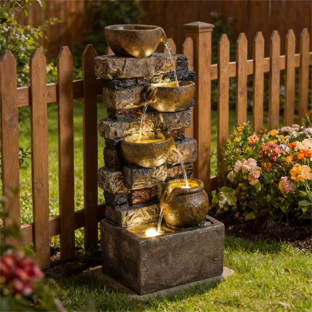 Rustic Brown Outdoor Fountain, Garden Fountain with LED Lights