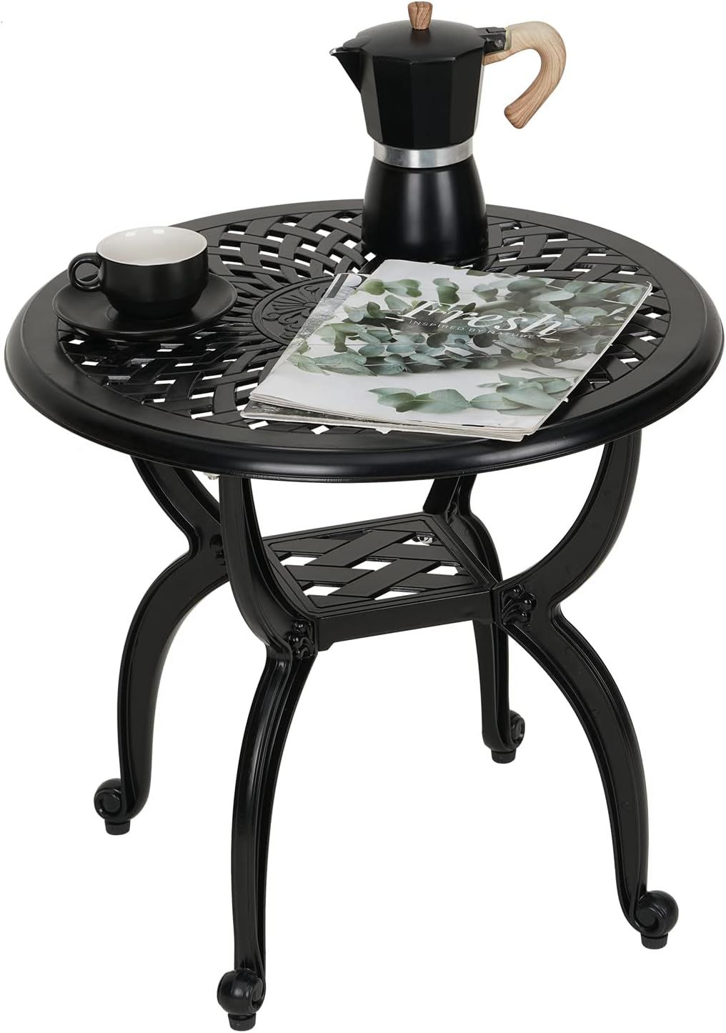 Cast Aluminum Side/End Table, Anti-Rust Coffee Bistro Table for Outdoor, Patio, Indoor, Garden, Porch, Balcony (Round Black)