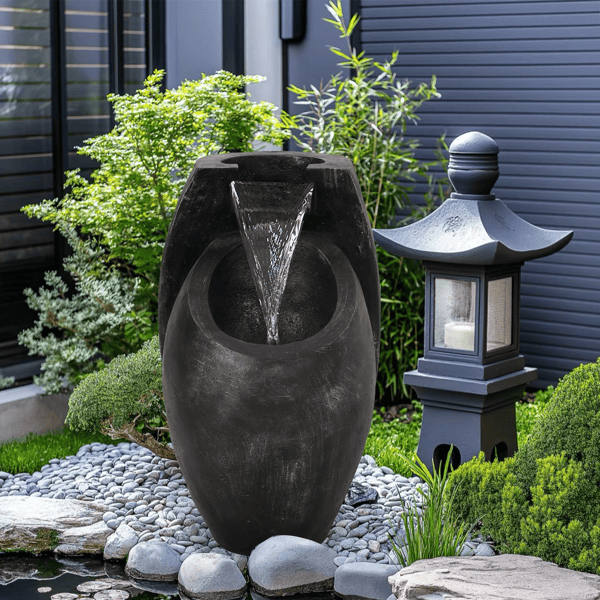 Backyard Water Fountain – 21.5' Tall Floor Standing Fountain, Indoor/Outdoor Modern Two-Tier Waterfall for Garden, Patio, or Yard Décor