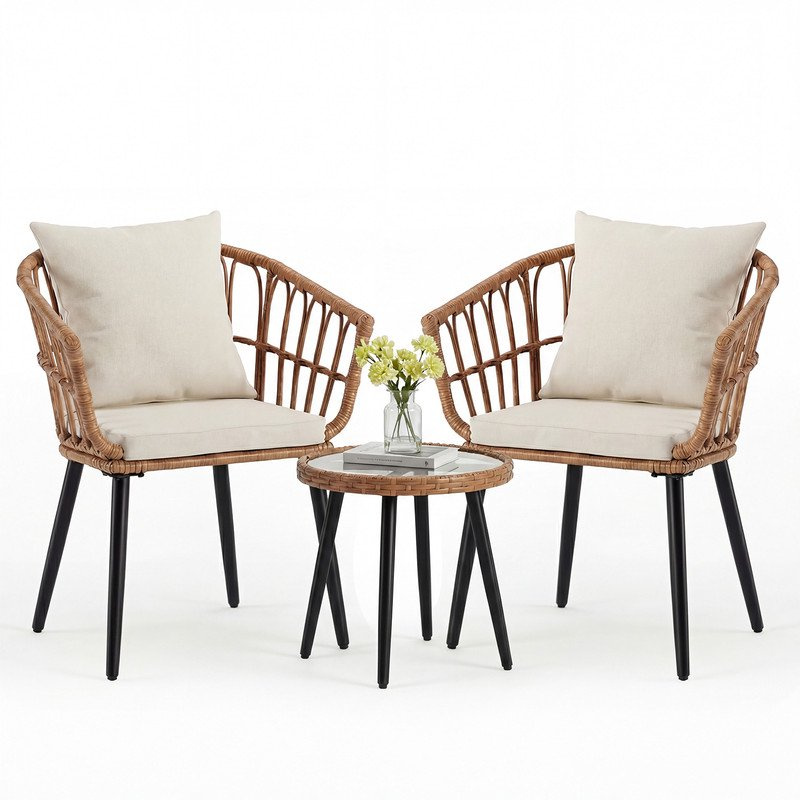 3 Piece Outdoor Patio Furniture Set, Wicker Bistro Chairs with Glass Top Table for Apartment Balcony, Small Backyard, Porch and Deck, Beige