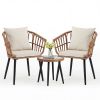 3 Piece Outdoor Patio Furniture Set, Wicker Bistro Chairs with Glass Top Table for Apartment Balcony, Small Backyard, Porch and Deck, Beige