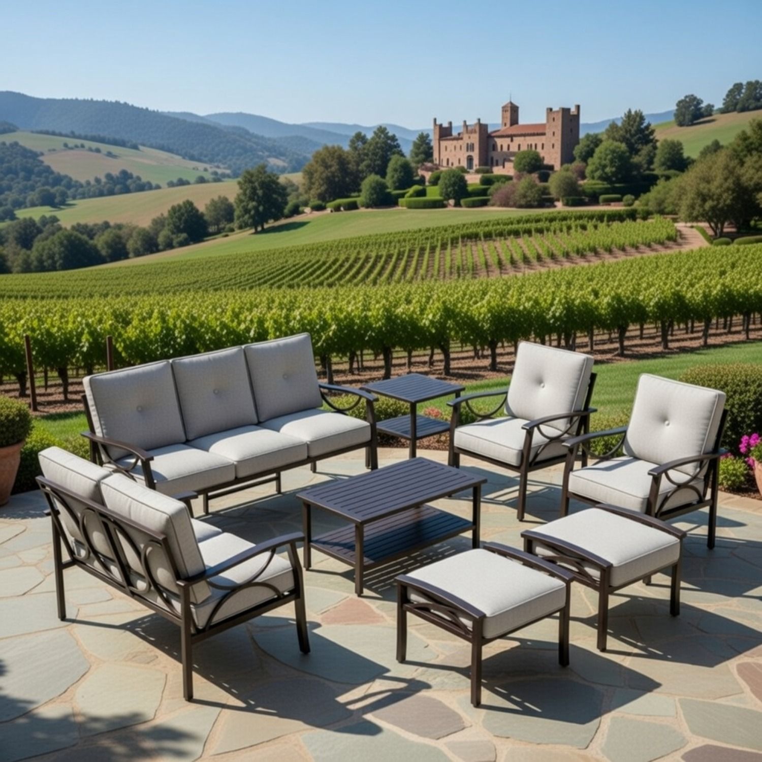 8-Piece Metal Patio Furniture Set, 9-Seat All-Weather Conversation Sofa with 4 Inches Thick Gray Cushions, Black Frame, Coffee Table, Side Table, End