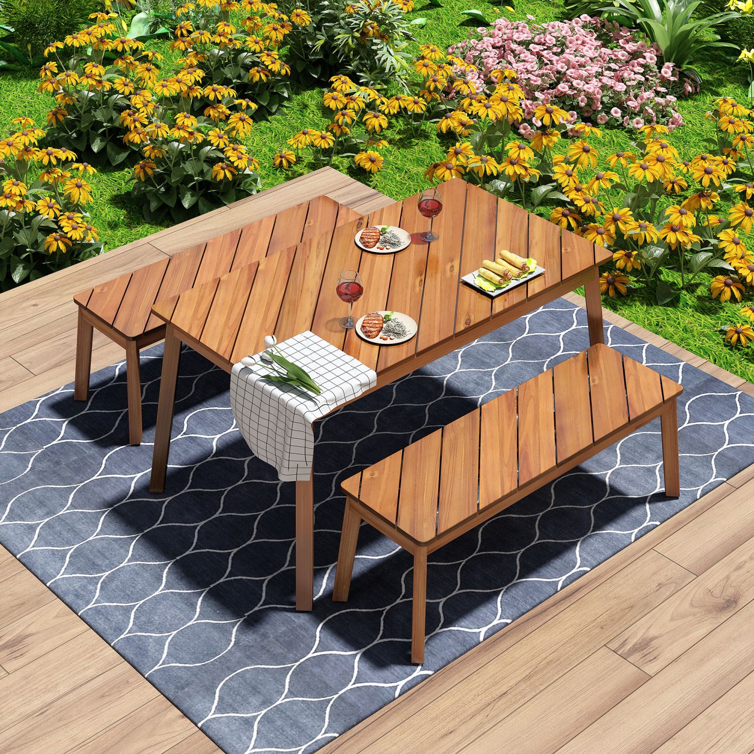 GO 3 Pieces Acacia Wood Table Bench Dining Set For Outdoor & Indoor Furniture With 2 Benches, Picnic Beer Table for Patio, Porch, Garden, Poolside, Na