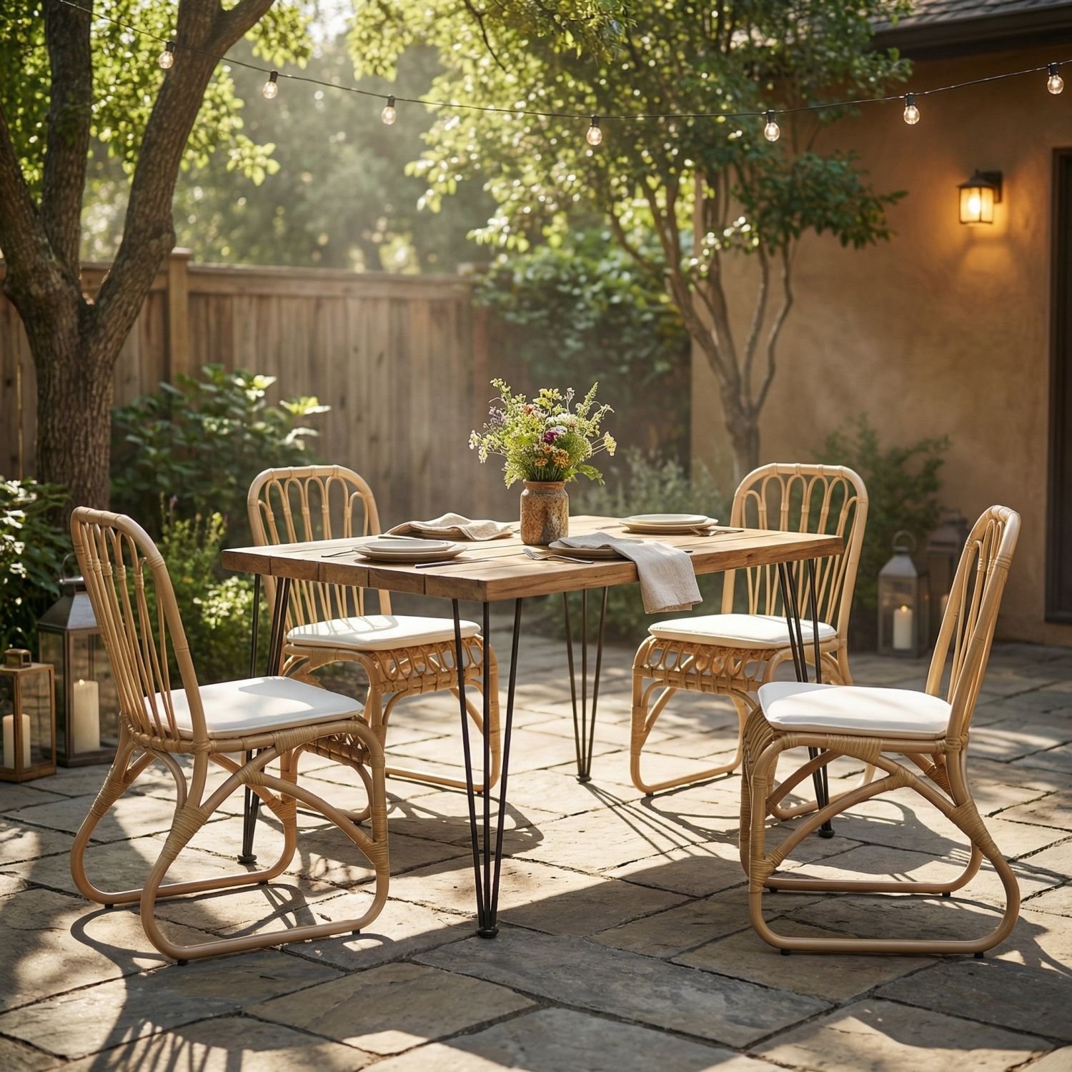 5 PCS Outdoor Dining Set for 4, Square Table with Acacia Wood Top & Rattan Chairs, 32.5" Modern Furniture Set for Patio, Deck, Backyard, Porch,Teak +