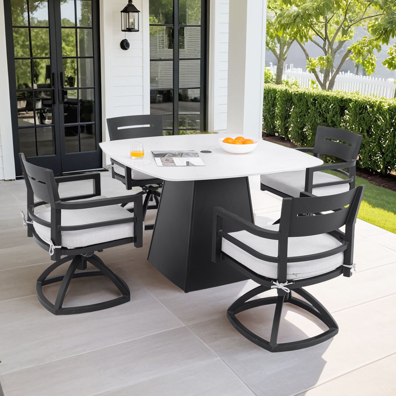5-Piece Outdoor Pedestal Dining Set, 44" Rounded Square Sintered Stone Table with Flared Base and 4 Swivel Rockers, Sunbrella Cushions, Rust-Free Alum