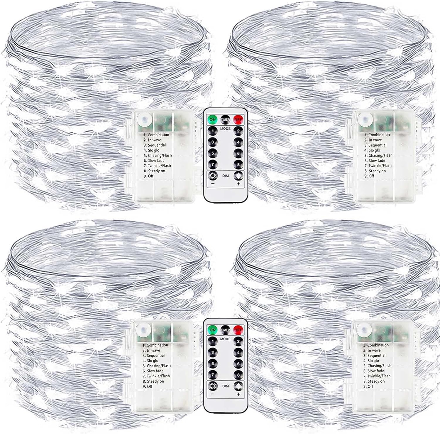 4-Pack Fairy Lights Battery Operated with Remote, Waterproof 33FT 100 LED Battery String Lights Outdoor Indoor