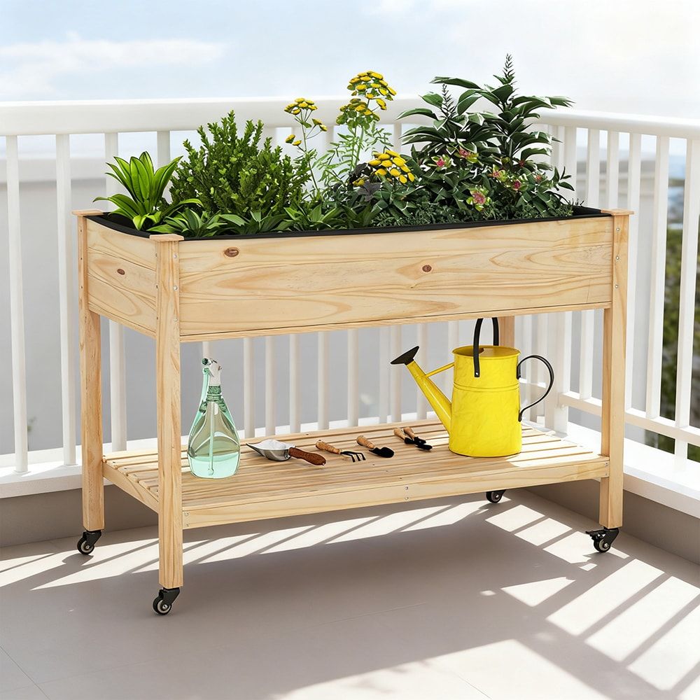 Wooden Raised Garden Bed with Legs and Lockable Wheels