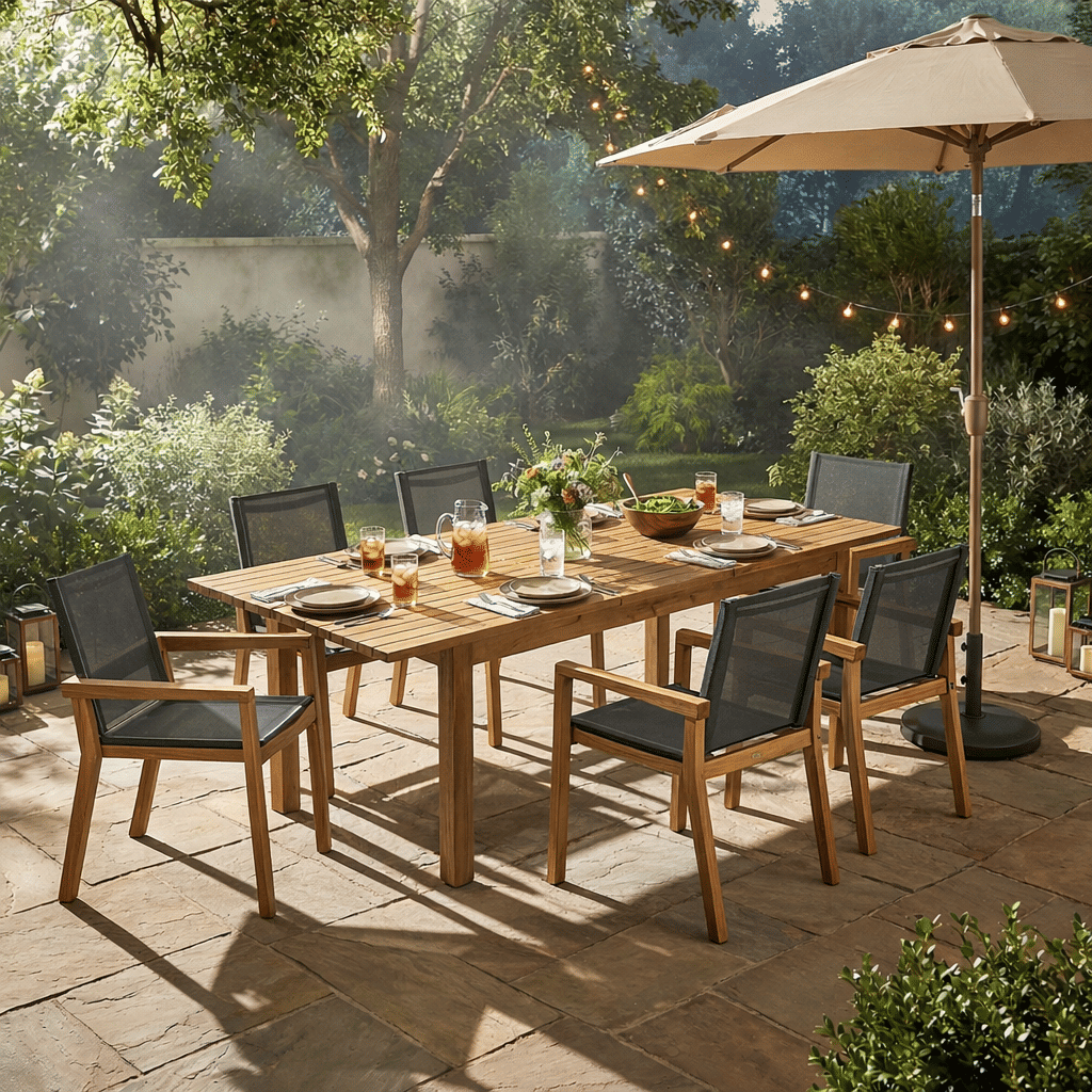 7 Pieces Acacia Wood Outdoor Dining Set s,Modern 6 Chairs 1 Large Table, Dining Furniture Set for Lawn, Backyard, Garden Deck,Poolside,Teak