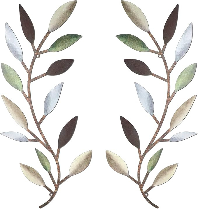 2 Pieces Metal Tree Leaf Wall Decor Vine Olive Branch Leaf Wall Art Living Room, Hallway Wall Decor Outdoor Decoration(Colorful)