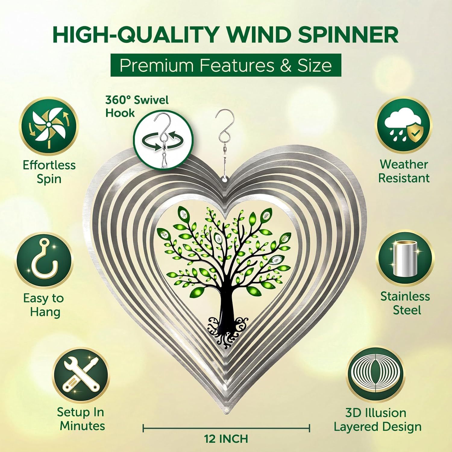 Silver Heart Wind Spinner for Yard and Garden with Crystals, Hanging Outdoor Decor, Yard Art, Porch and Patio Decorations, Metal Wind Spinners Outdoor