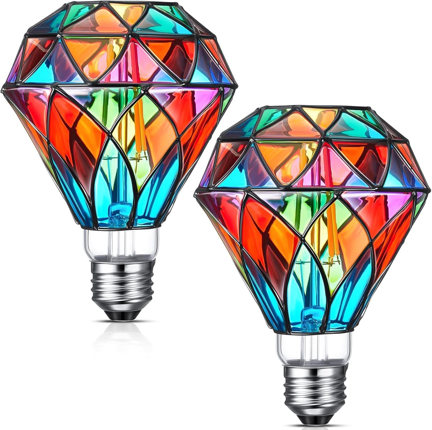 2 Pcs Stained Glass LED Light Bulb Diamond Shape E26 Base A60 6 Watts G95 Shape Colorful Flickering Light Bulbs for Christmas, Home Balcony Garden Par