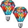2 Pcs Stained Glass LED Light Bulb Diamond Shape E26 Base A60 6 Watts G95 Shape Colorful Flickering Light Bulbs for Christmas, Home Balcony Garden Par