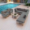 9-Piece Patio Rattan Furniture Set, Outdoor Conversation Set With Acacia Wood Legs and Tabletop, PE Rattan Sectional Sofa Set w