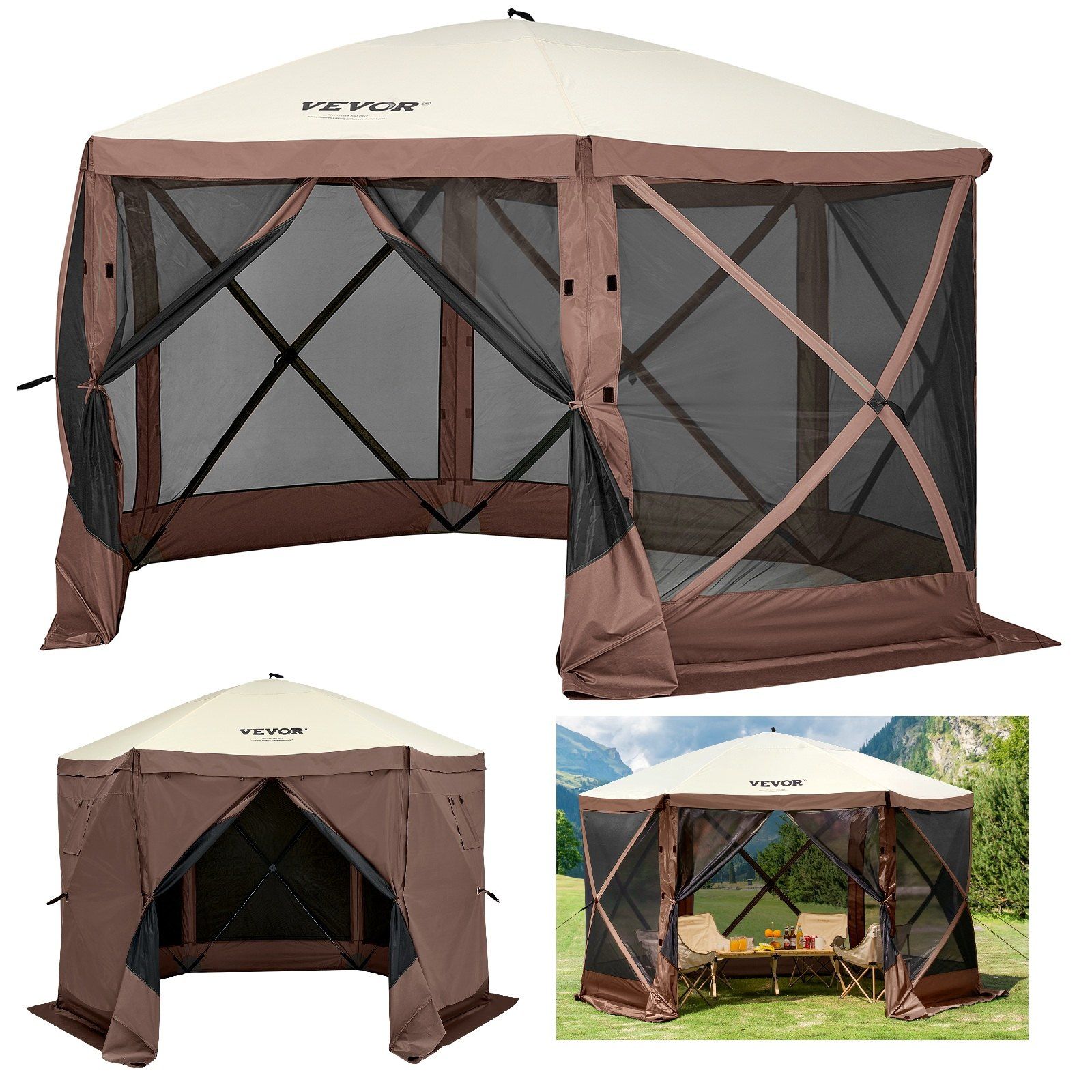 VEVOR Gazebo Screen Tent, 12 x 12 ft, 6 Sided Pop-up Camping Canopy Shelter Tent with Mesh Windows, Portable Carry Bag, Ground Stakes
