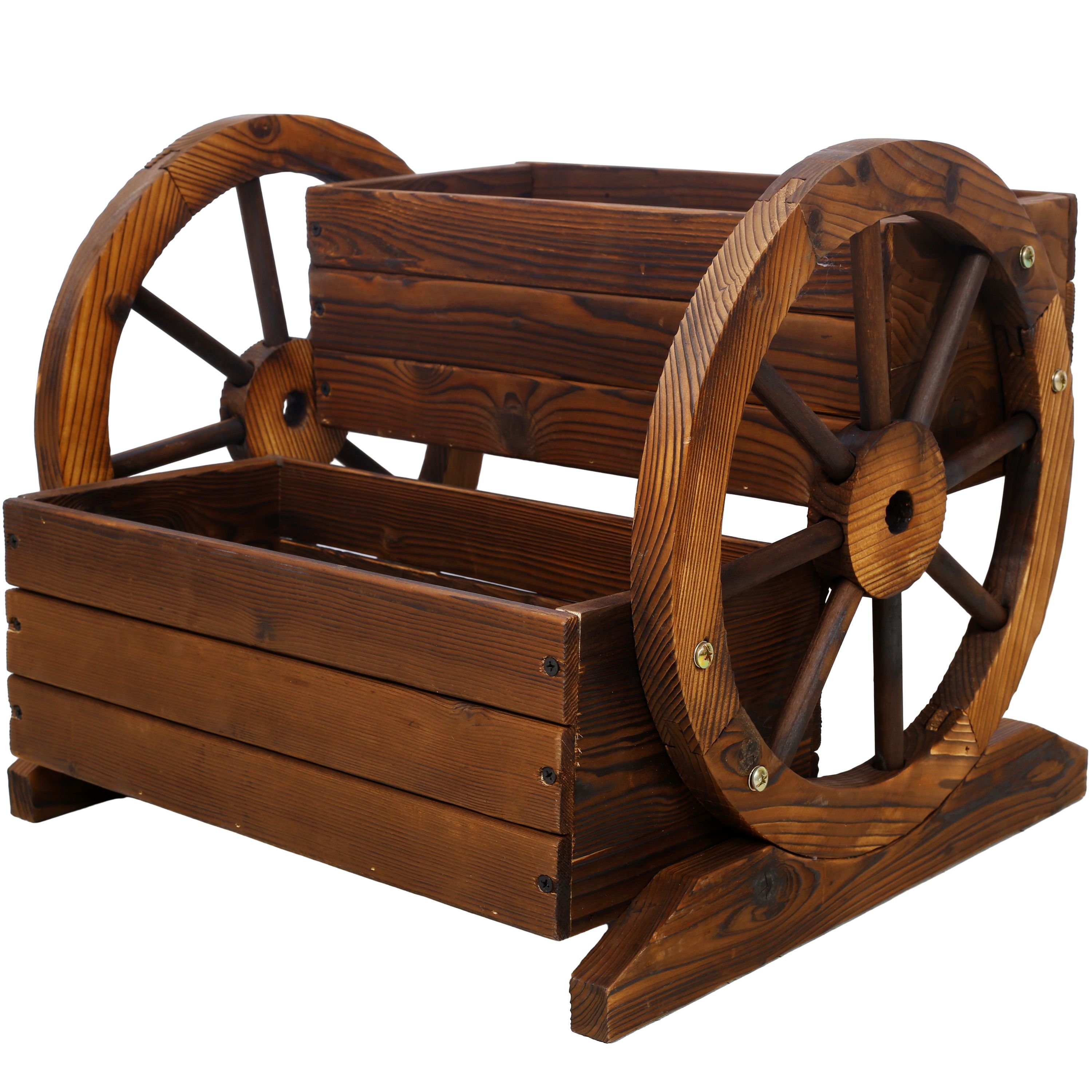 Wooden Wagon Planter Box, Garden Planter with Wheels, Decorative Planter for Flowers Herbs Vegetables for Indoor & Outdoor Décor